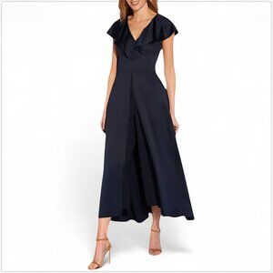 Adrianna Papell Dark Navy Satin Crepe Ruffled Jumpsuit Dress Evening NWT New 8